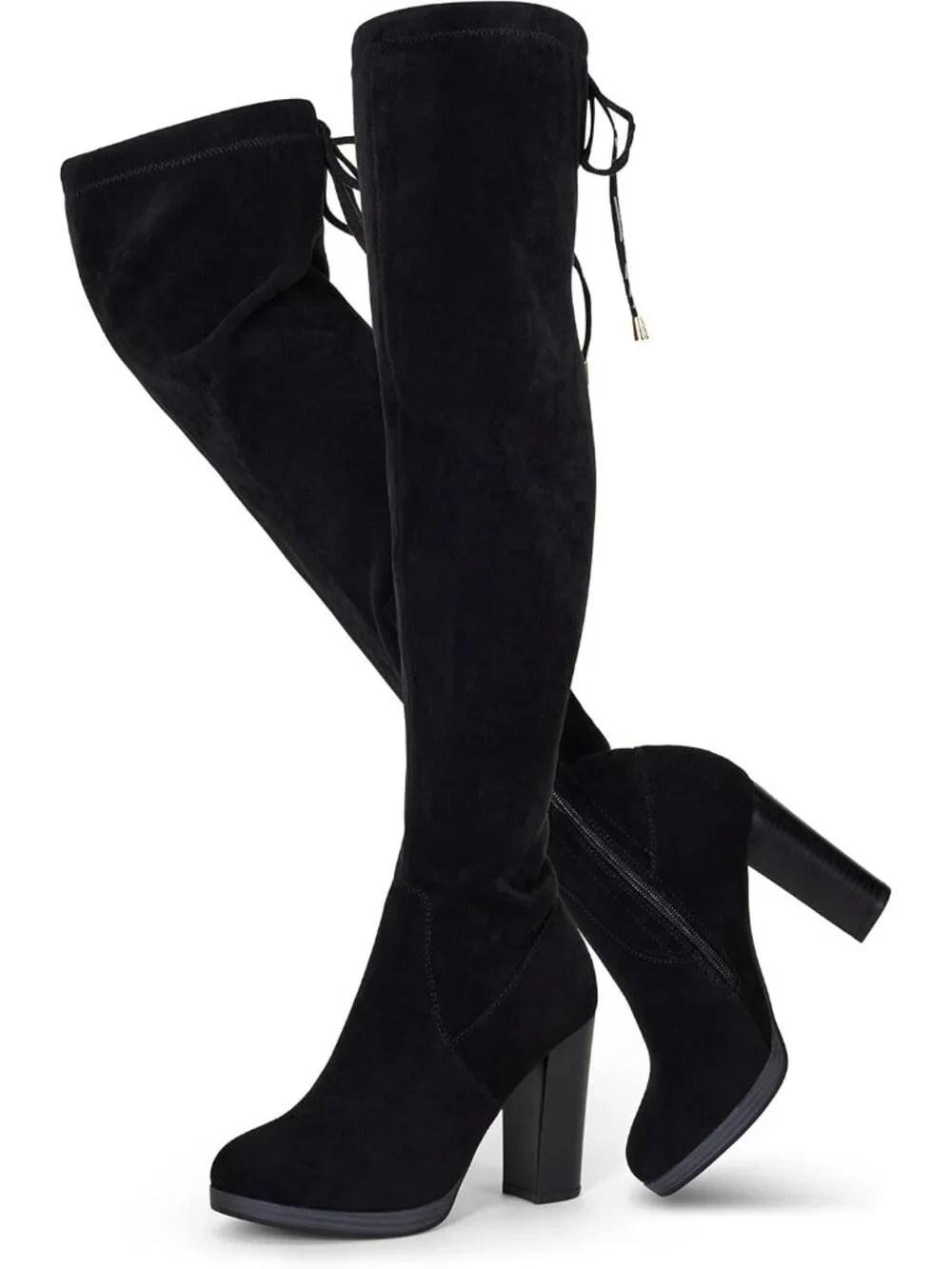 Women's Black Block Heel Round Toe Faux Suede Over The Knee Thigh High Boots